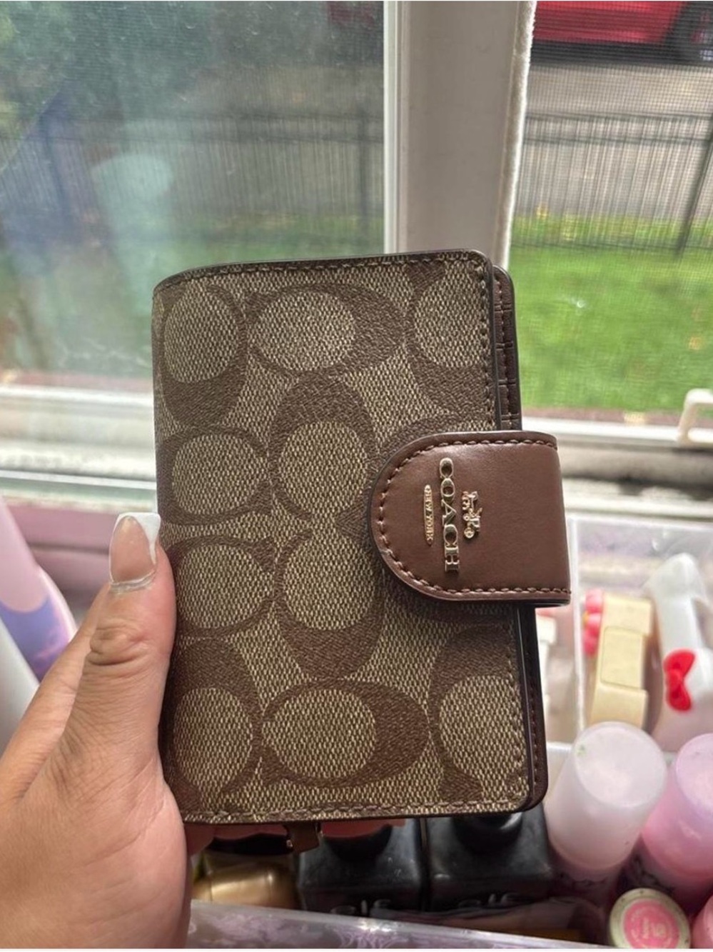 Coach Brown Logo Canvas Phone Wallet Case with Snap Closure